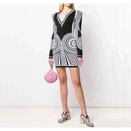 Wholesale 2020 Newest Women dress Black white jacquard Long sleeve V-neck sexy Celebrity Boutique Cocktail party bandage dress