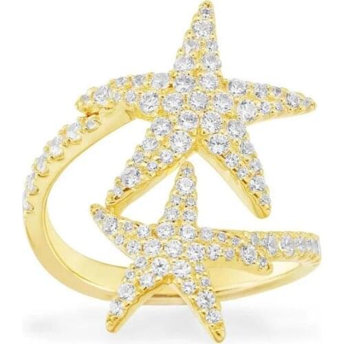 SLJELY Fashion Real 925 Sterling Silver Gold Color Double Starfish Finger Ring Micro Zirconia Stones Women Luxury Brand Jewelry