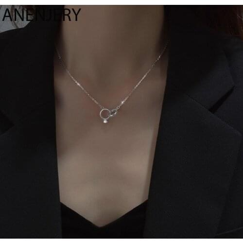 ANENJERY 925 Sterling Silver Double Circle Necklace for Women Simple Clavicle Chain Wedding Necklace