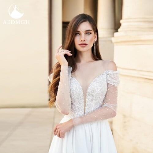 Aedmgh A-Line Beach Wedding Dresses 2021 Sweetheart Off The Shoulder Vestido De Novia Lace Appliques Illusion Robe De Marige