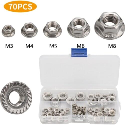 70Pcs/set M3 M4 M5 M6 M8 Stainless Steel Hexagon Flange Nuts Pinking Slip Locking Lock Nut Assortment Kit