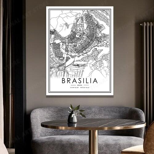 Black And White World City Map BRASILIA Wall Art Canvas Poster Prints Nordic Style Paintings Picture For Living Room