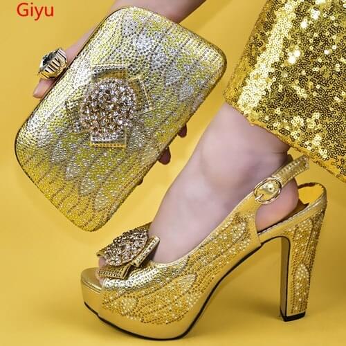 Doershow African Women Matching Italian gold Shoe and Bag Set for Wedding Italian Shoes with Matching Bags Italy Shoes! SYY1-12
