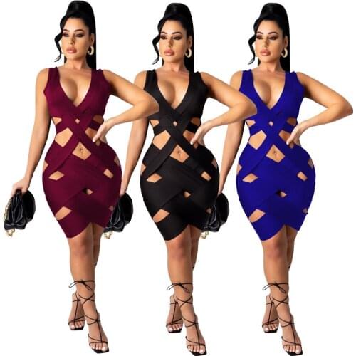 Echoine Sexy Hollow Out Deep V Neck Bodycon Mini Women Dress Elegant Night Club Party Dresses Vestidos Solid Color Outfits