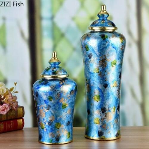 European Luxury Bright Blue Flower Vase Ceramic Storage Tank Decoration Living Room Gold-plated Flowe Vase Candy Storage Jar New