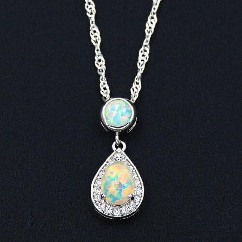 Graceful Waterdrop Shape Blue / Pink / White Fire Opal Pendant Necklace for Christmas Gift