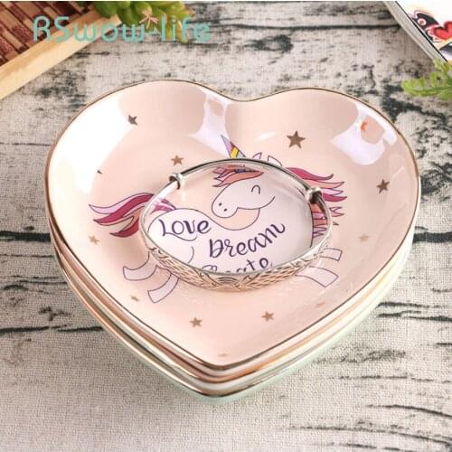 Colorful Unicorn Ceramic Love Heart Jewelry Dish Jewelry Tray Desktop Storage Tray Display Dessert Plate For Tableware