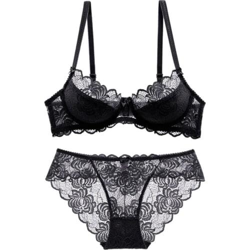 Woman sexy lace bra set underwire push up ladies lingerie embroidery ultra-thin lace see-through breathable comfortable briefs