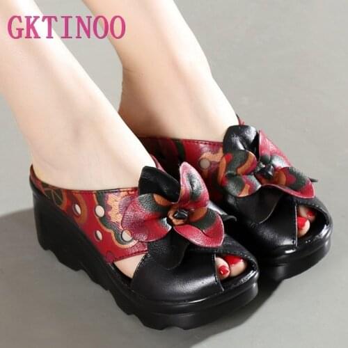 Summer Women Shoes Wedges Slippers Platform Sandals Genuine Leather Handmade Flower Hollow Comfortable Women Slides