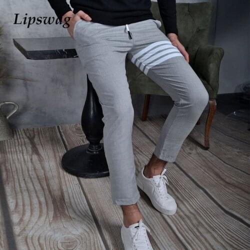 Fashion Stripe Patchwork Slim Pencil Pants For Men 2021 Casual Mid Waist Drawstring Pants Summer Jogging Trouser Mens Streetwear