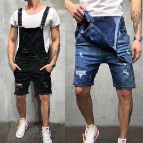 Men’s Denim Suspender Pants Slim Fit Destroyed Pockets Adjustable Straps Overalls Wild Fashion Short Jumpsuit New Fashion 2021