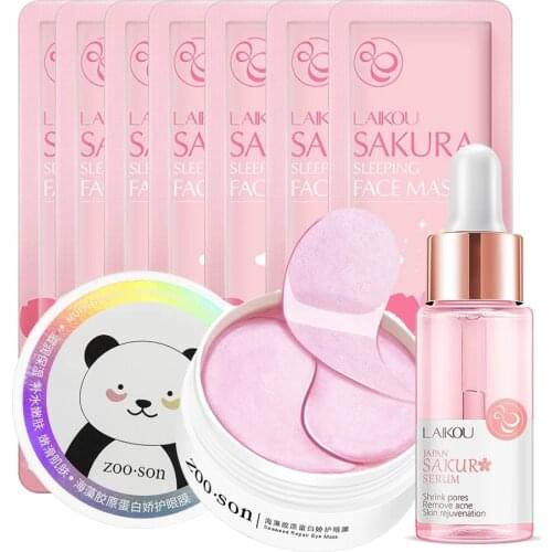 Face Skin Care Set Cherry Blossom Essence Moisturizing Collagen Eye Patches Whitening Face Serum Anti-aging Sleep Mask Cream