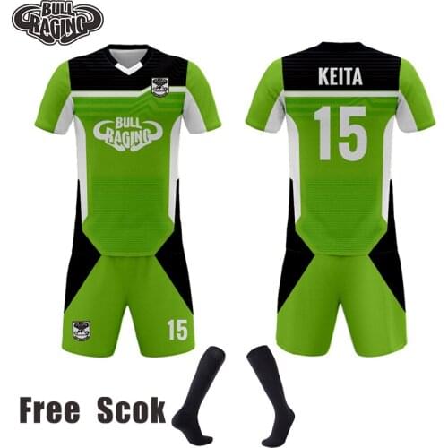Free sock,polyester gree black design custom sublimation football shirt soccer shirt and shorts