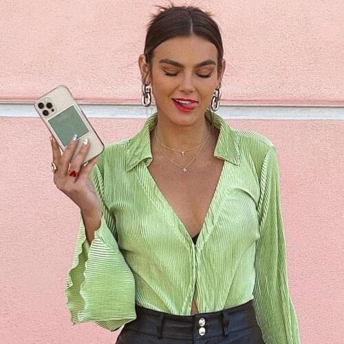Autumn New Women Chic Green Button Down Lapel Shirts Sexy Deep V Neck Long Bell Sleeve Solid Color Ribbed Slim Tops S M L