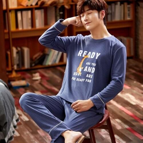 Sleepwear MenS Pajamas Long-Sleeved 100% Cotton Pit Stripe Spring Autumn Round Neck Pullover Trousers MenS Blue Home Service