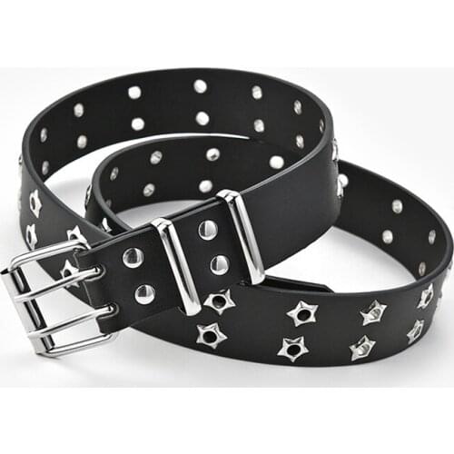 Wide Belt Two Row Hole Punk Belt Double Alloy Pin Buckle PU Leather Double Star Eyelet Fashion Adjustable Grommet Waist Belt