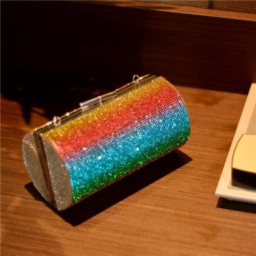 New Rainbow Rhinestone Dinner Bag Diagonal Bag Womens Color Diamond Striped Shoulder Bag Banquet Bag