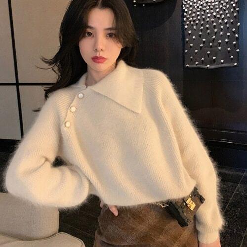 Vintage Womens Sweaters 2020 Korean Style Fashion Buttons Turn Down Collar Long Sleeve Pullover Faux Mink Knitwear T445