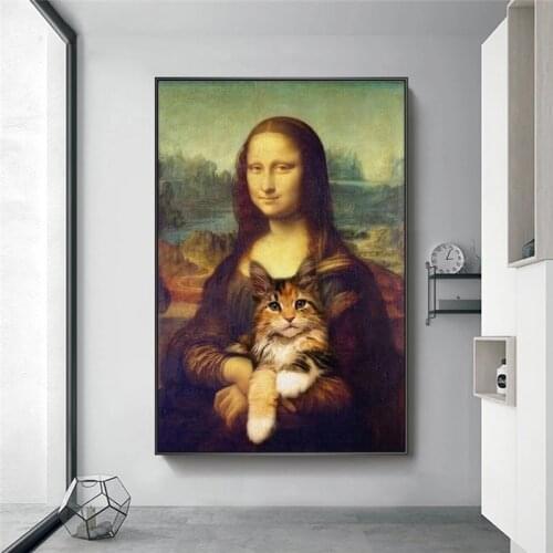 Funny Art Mona Lisa Holding A Cat Canvas Paintings Wall Art Posters and Prints Da Vinci Famous Art Pictures for Living Room