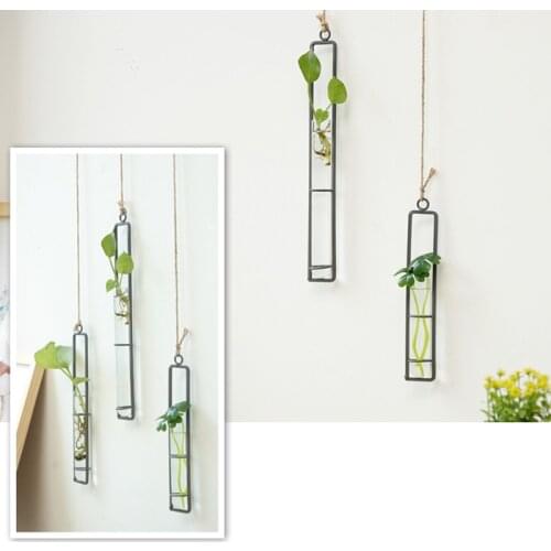 Iron Art Flower Vase DIY Hydroponic Plants Floral Glass Test Tube Wall Hanging Transparent Glass Flower Bottle Home Office Decor