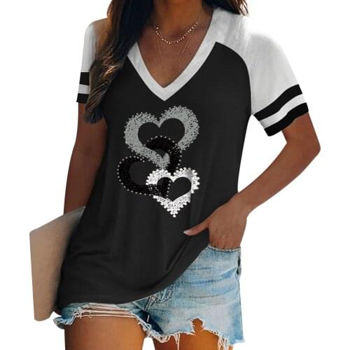 Heart Print Black Striped Women Summer Loose T-Shirts Female Short Sleeve Casual V-Neck T Shirt Ladies Soft Harajuku Tops D30