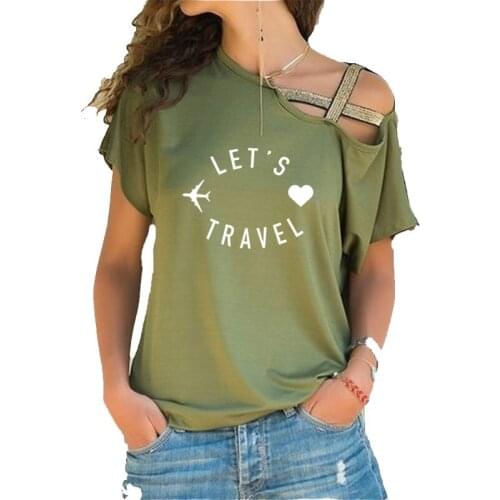 Lets Travel T-shirt 2020 Summer Hip Hop Women Irregular Skew Cross Bandage Tshirt Casual Funny T Shirt