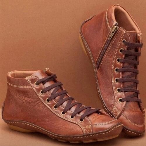 PU Leather Ankle Boots For Women Autumn Winter Cross Strips Vintage Women Punk Boots Shoes Ladies Flat Women Woman Short Boot