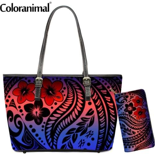 Coloranimal Hawaii Kanaka Maoli Polynesian Hibiscus Printed Women Shoulder Bag 2Pcs/Set Crossbody Bag With Purse PU Tote Bolsa