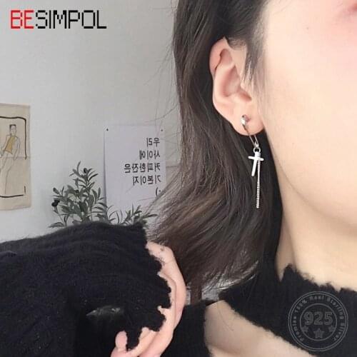 Besimpol Real 925 Sterling Silver Paperclip Earrings Fashion Safety Pins Cross Stud Earrings For Women Minimalist Fine Jewelry