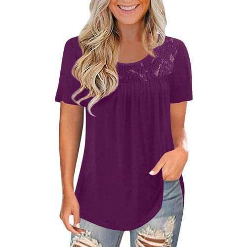Womens Tops And Blouses Women Tunic Tops Casual Loose Shirt Fashion Lace Solid Splicing O-Neck Short Sleeve Shirt Blouse Tops