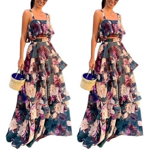 Womens Two-Piece Suit Dress Top Shirt with Narrow Straps + Lotus Leaf Long Dress Suit Women Clothing Set