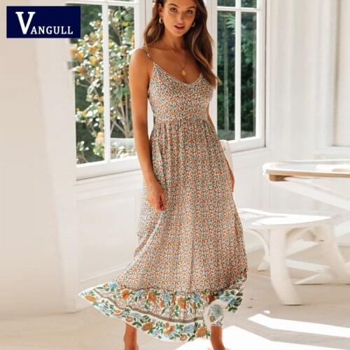 Vangull Sexy Floral Print Women Long Dress V-Neck Backless Patchwork Beach Ruffles Sun Dress Loose Bohemia Female Summer Dress