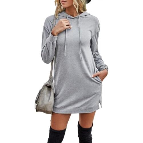 Women Long Sleeve Sweatshirt Dress Solid Color Drawstring Hoodie Slit Tunic Tops