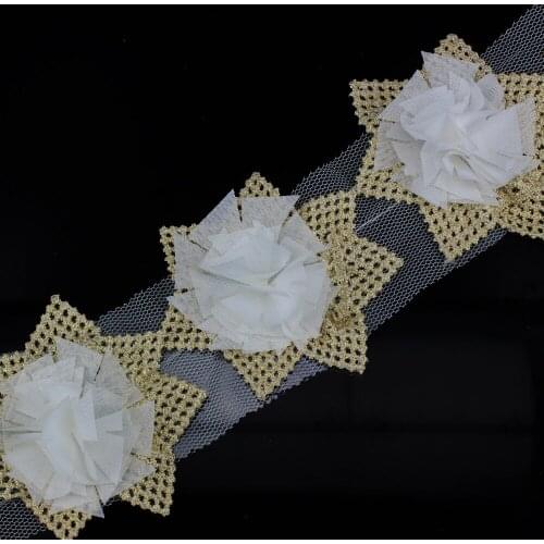 10yard 3D Flower Gold Embroidered Lace Fabric Ribbon Trim Patches Motif Applique Sewing Accessories for DIY Costume Design T1482