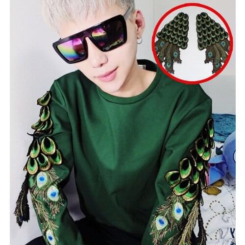 2 Pcs(1 Pair) High quality fashion clothes sweater embroidered wings diy big peacock tail lace fabric patch affixed accessories
