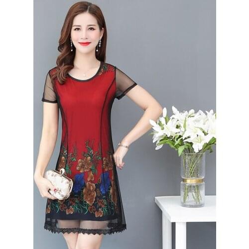 2020 Women Summer Dress Short sleeve Hollow Out Gauze Chiffon Vestidos Elegant Dresses Pleated vestidos mujer Floral Robe 9108