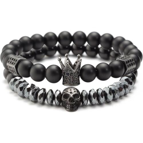 2021 Trendy Micro Inlaid Zircon Crown CZ Skull Bracelet Set Charm Mens Bead Bracelet Couple Gift Jewelry