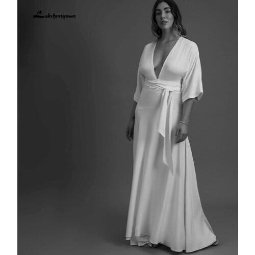 2022 Simple A-Line Wedding Dresses Deep V Sweep / Brush Train Satin Beach Wedding Gown Vestidos de Fiesta