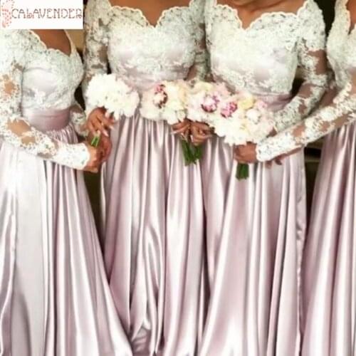 White Pink Two Tone Long Sleeve Bridesmaid Dresses Lace Appliques A-Line Woman Dresses for Party and Wedding Maid of Honor Gown