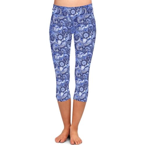 LETSFIND 2021 New Women High Waist Capri Pants 3D Beautiful Paisley Print Soft Slim Mid-Calf Casual Leggings Plus Size