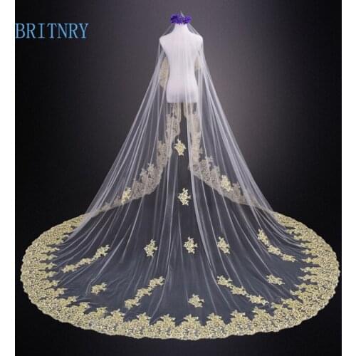 BRITNRY 3.5M Long Wedding Veil One Layer Gold Lace Edge Bridal Veil White Ivory Champagne Tulle Veil High Quality Veils