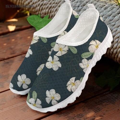 ELVISWORDS Fashion Frangipani Pattern Casual Ladies Air Mesh Sneakers Casual Slip on Lazy Shoes for Women Non-slip Woman Flats