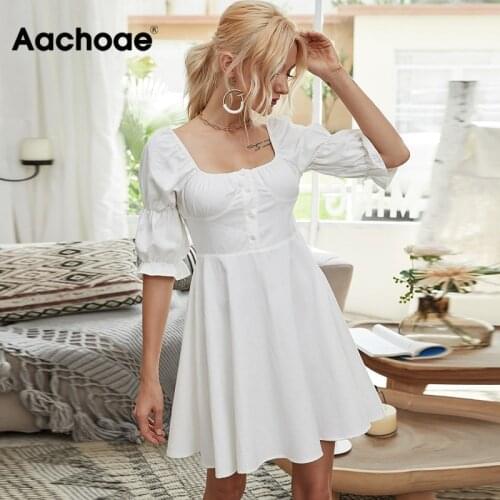 Aachoae Elegant A Line Mini Dress Women Puff Sleeve Buttons Solid Cotton Dress Ladies Square Collar Chic White Dresses 2020