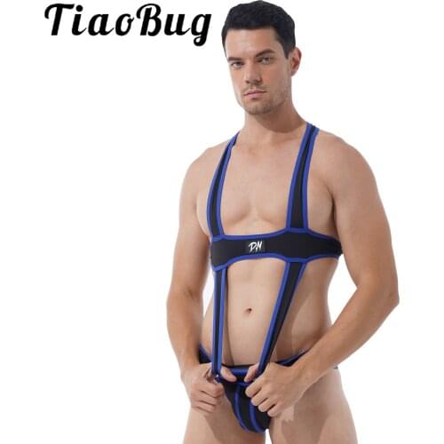 Mens Body Shoulder Chest Harness Contrast Color Hollow Out Leotard Jumpsuit Bulge Pouch Jockstrap Skinny Stretchy Romper Catsuit