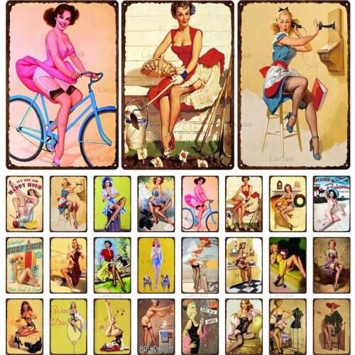 Pin Up Poster Tin Sign Girl Room Bar Decor Vintage Metal Tin Sign Beach Beauty Girl Metal Painting Art Wall Sticker Decor Plate