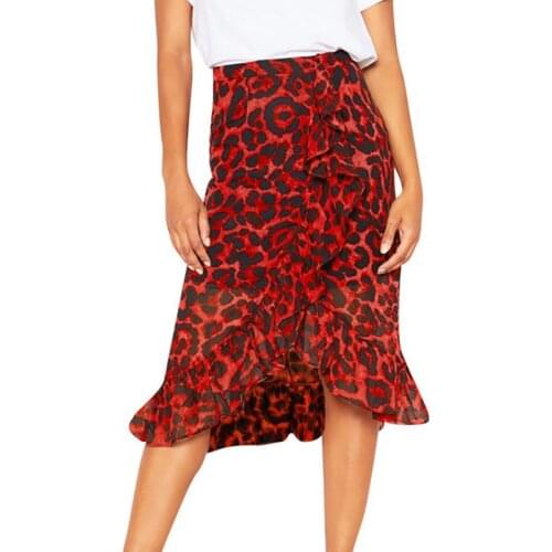 Sexy Leopard Long Skirts Womens High Waist Split Skirt Femme Ruffle Irregular Casual Office Red Lady Skirt