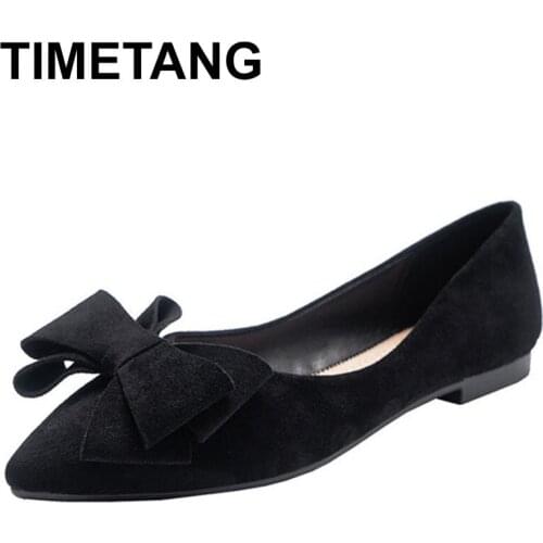 TIMETANGWomen Suede Single Shoes Female Large Size 34-42 Work Shoes Soft Women Korean Flower Flat Shoes Pointed Toe