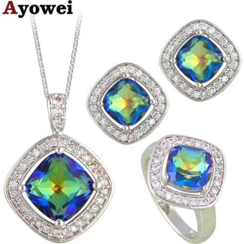 Engagement Items Mysterious Gifts Silver Stamped Mystic Crystal Earrings Necklace Ring Fashion Jewelry Set for Women JS668A