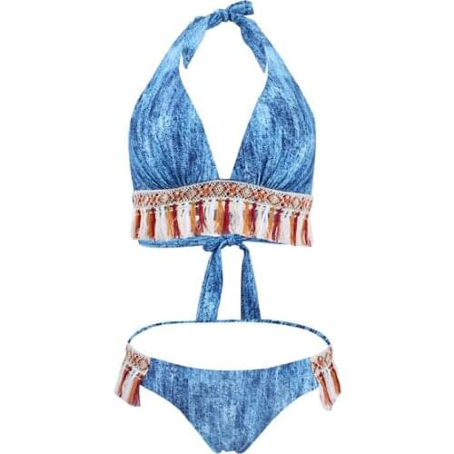Triangle Bikini Split Strap Three-point Swimsuit Button Retro Denim Fringe Embroidered European and American Swimsuit