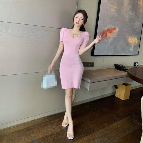 ZC3301 2021 summer new women fashion temperament sexy V-neck slim wrap buttock knit slim dress cheap wholesale